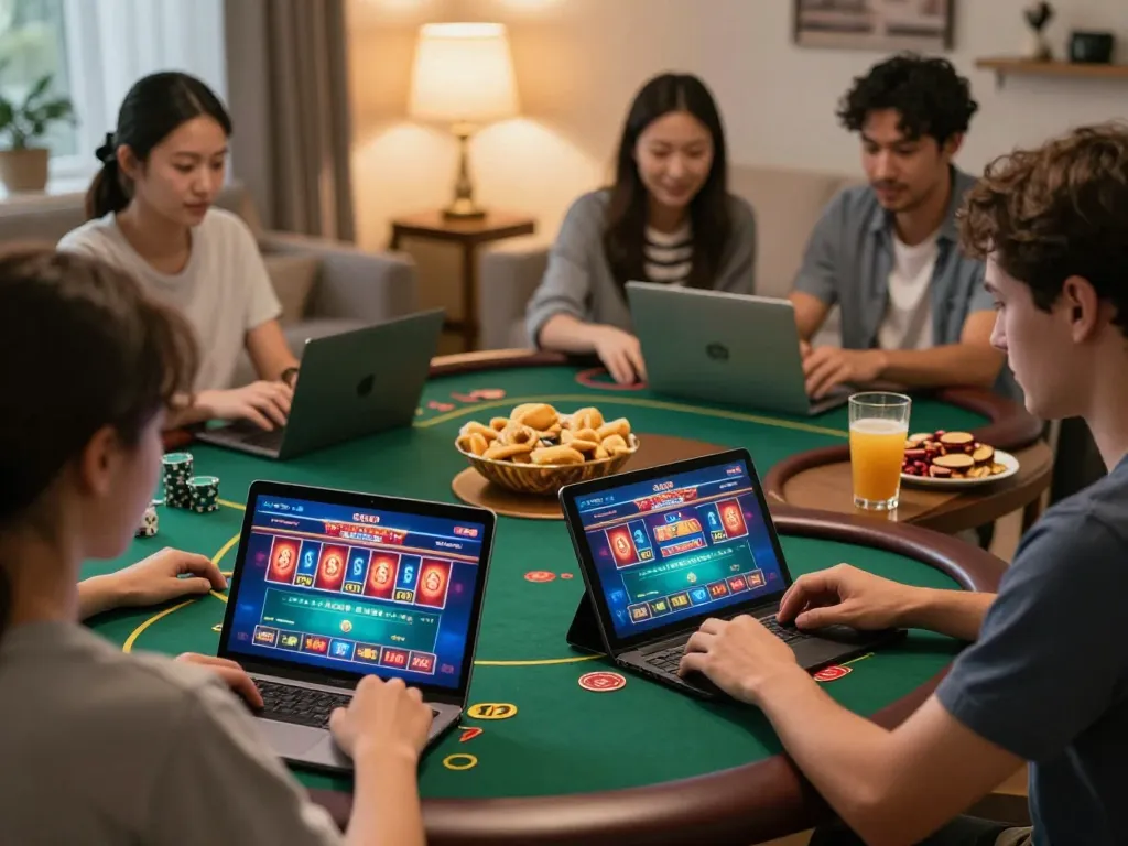 Engaging gameplay on f168 online casino platform with players using laptops and tablets at home.