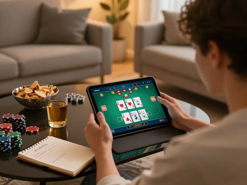 Engaging in lc88 online blackjack from a modern couch with snacks nearby.