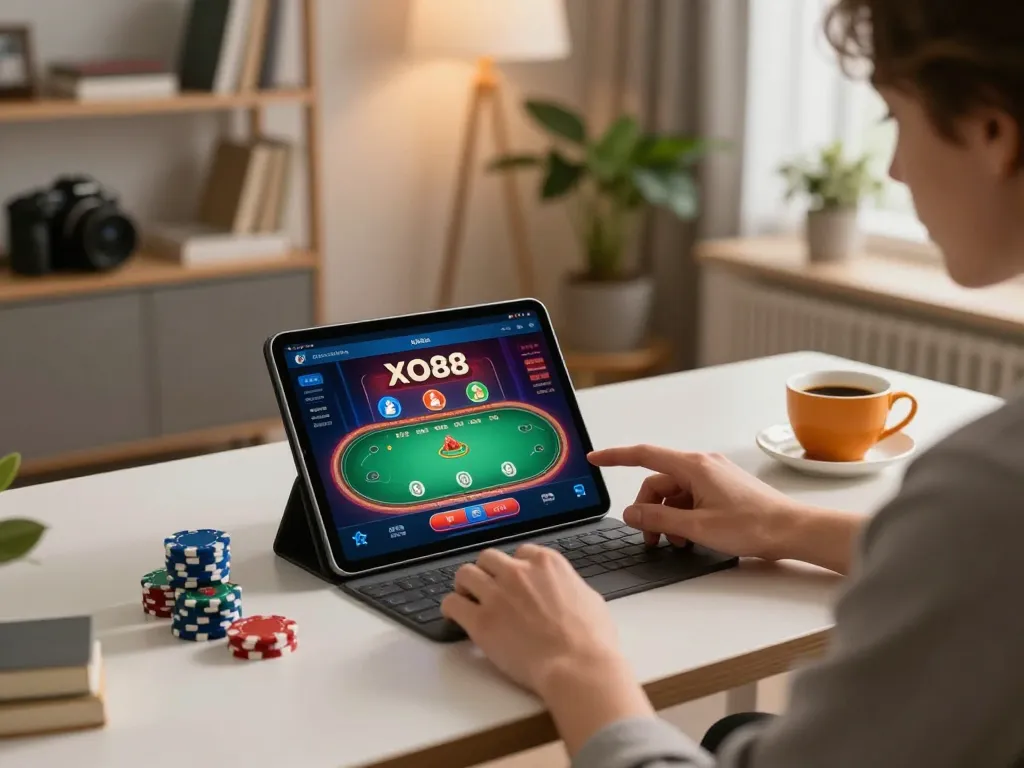 Engaging in exciting gameplay on XO88 casino app at home with poker graphics displayed.
