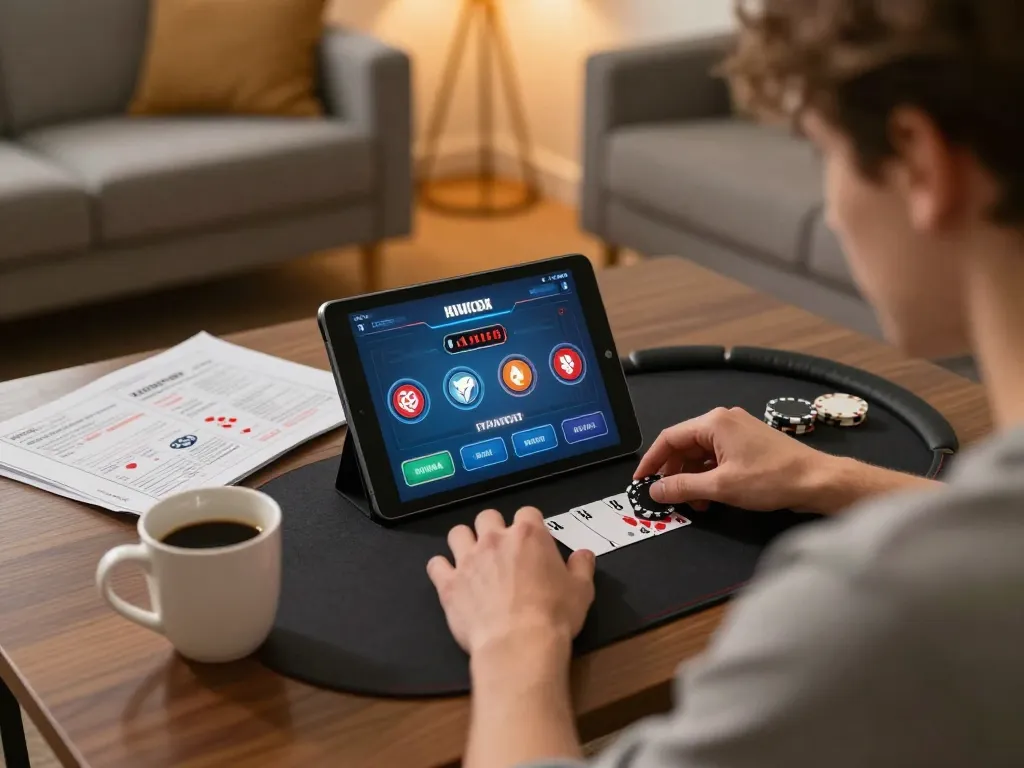 Player engaging with F168 online poker app on a tablet, showcasing modern gaming lifestyle.