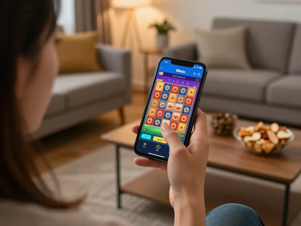 Player engaging with the nhà cái 98win app, enjoying slot games from a cozy home setup.