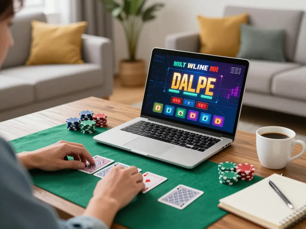 Link vào Five88 while enjoying online gaming in a cozy home setup with poker chips and cards