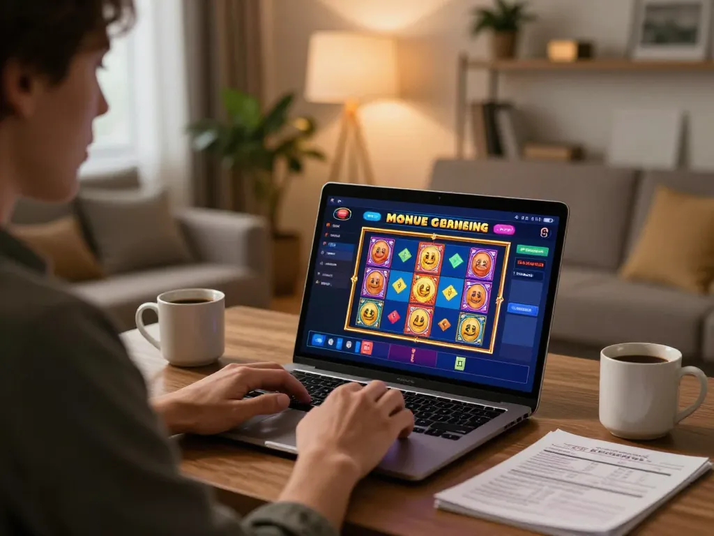 Player enjoying online slots at home with Oxbet gaming interface and focus on responsible gaming