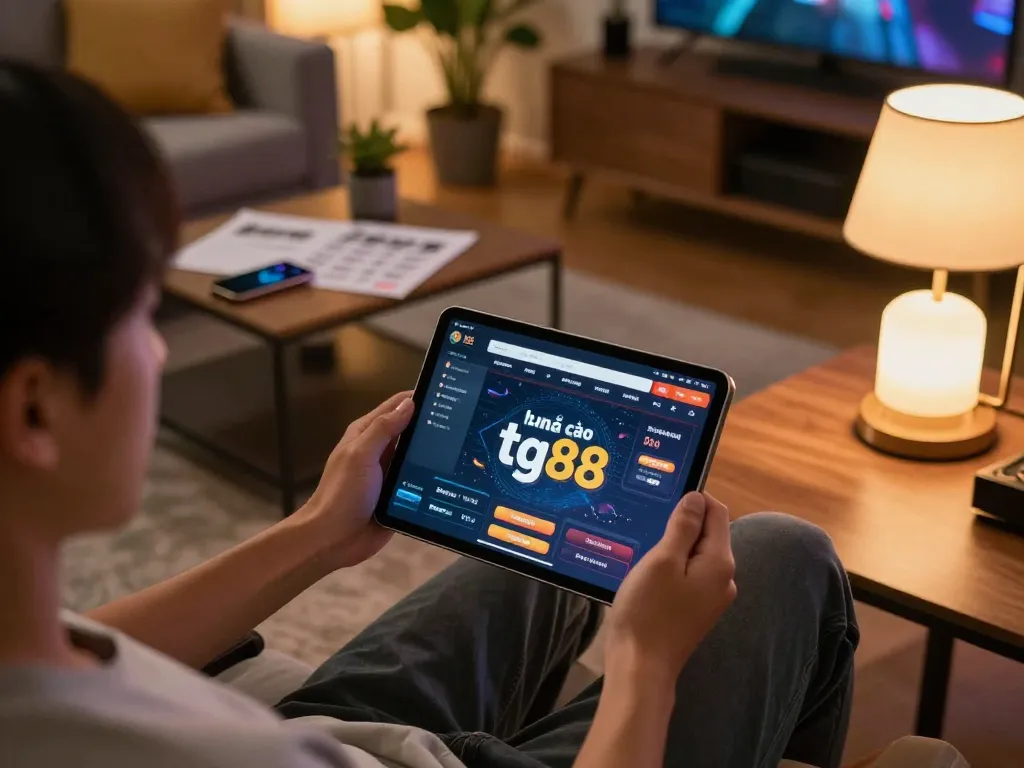 Engaging with the nhà cái tg88 interface on a tablet at home, promoting responsible online gambling.