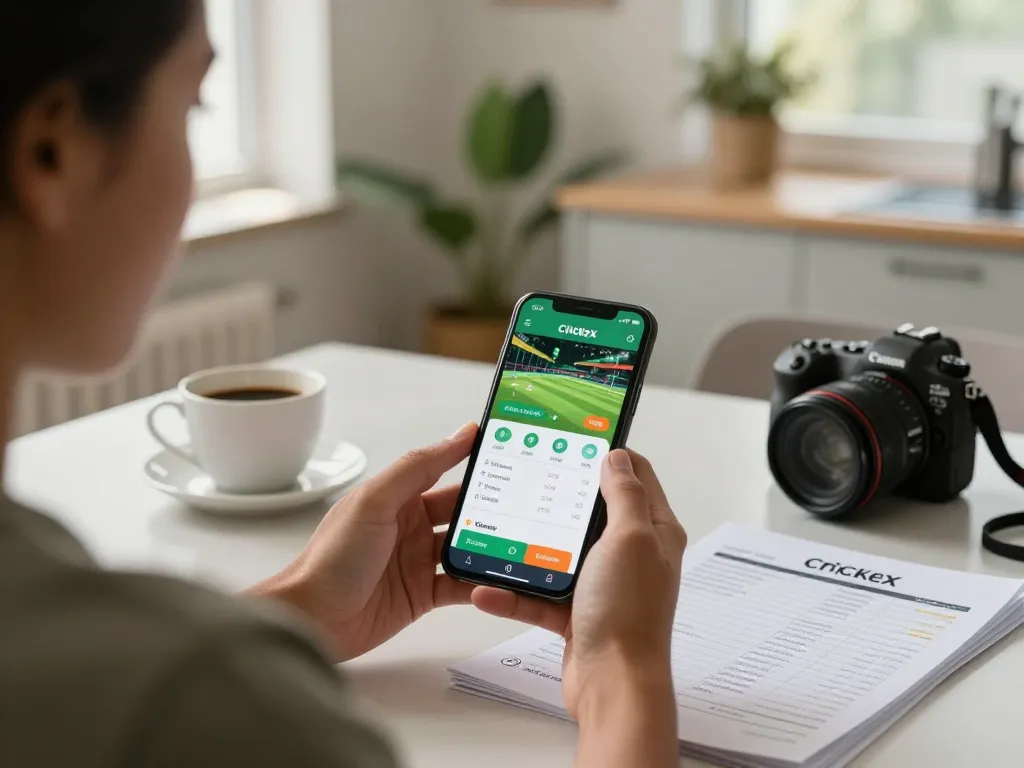Engaging with Crickex betting app at home, displaying live cricket odds and betting options.