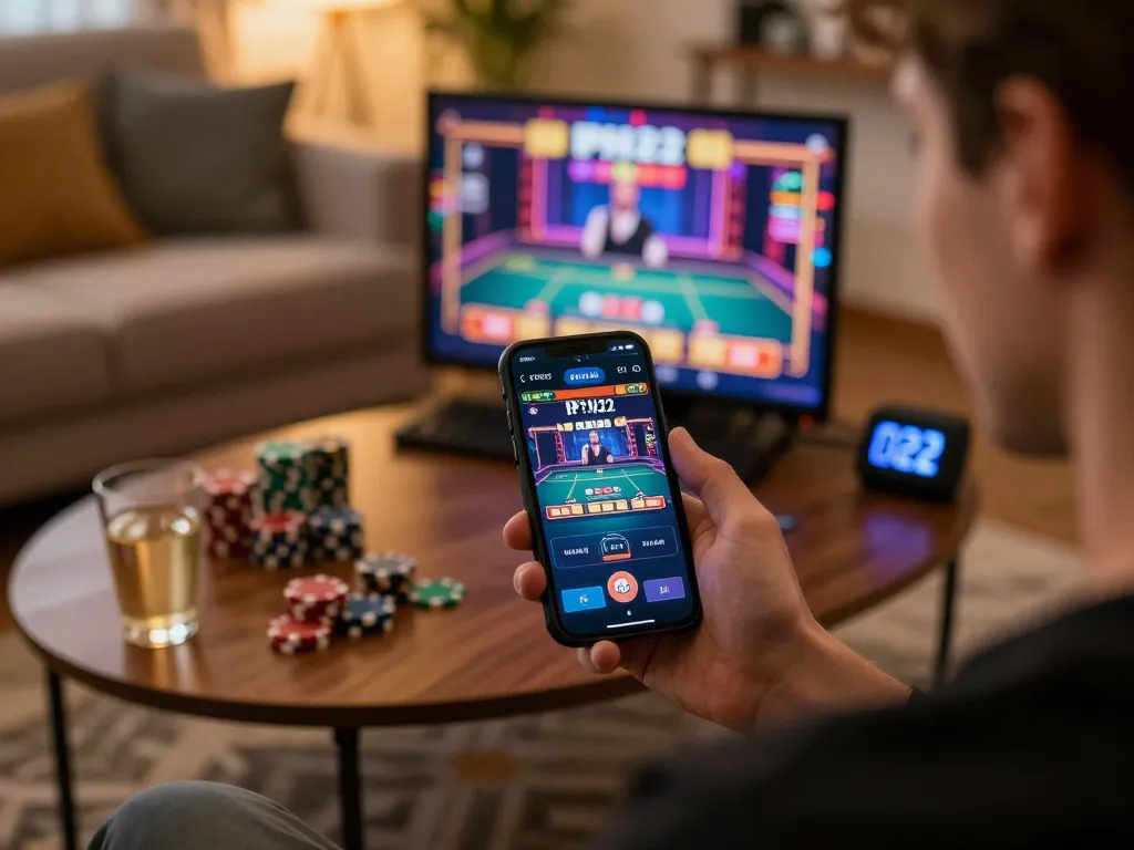 Player accessing PH22 online casino app on smartphone, showcasing live dealer game interface and home gaming atmosphere