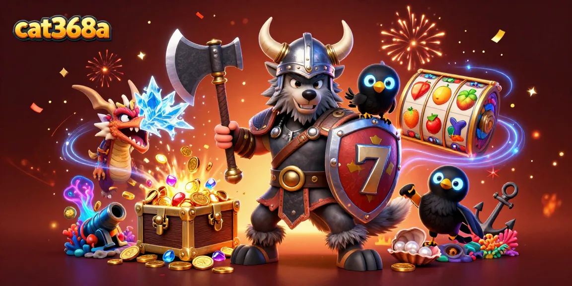 Engage with cat368a's thrilling casino adventure featuring a Viking wolf warrior and friends.