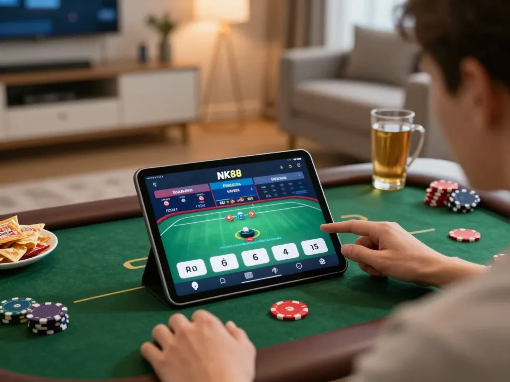 Person using the NK88 app on a tablet for online poker with cozy home ambiance and snacks nearby