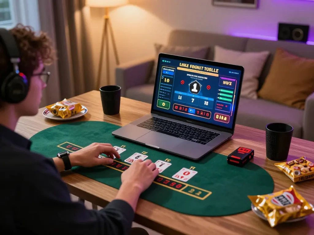 Player engaging in 98win trang chu live dealer blackjack on laptop with snacks and focused atmosphere.