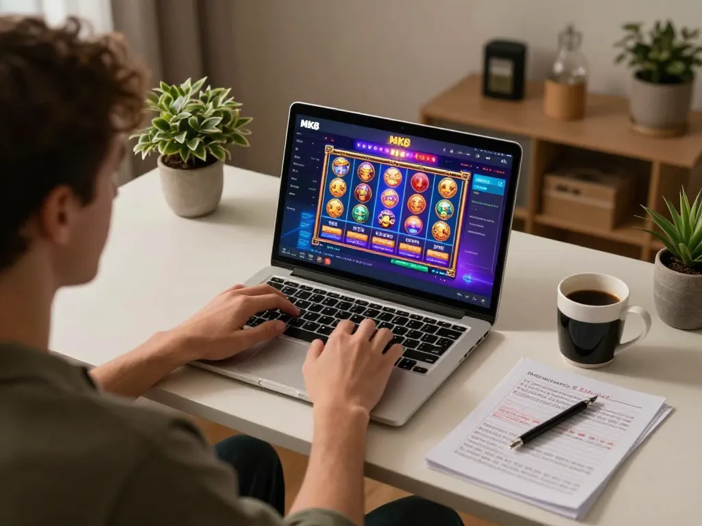 Player engaging with MK8 casino platform on a laptop, showcasing exciting online gambling experience