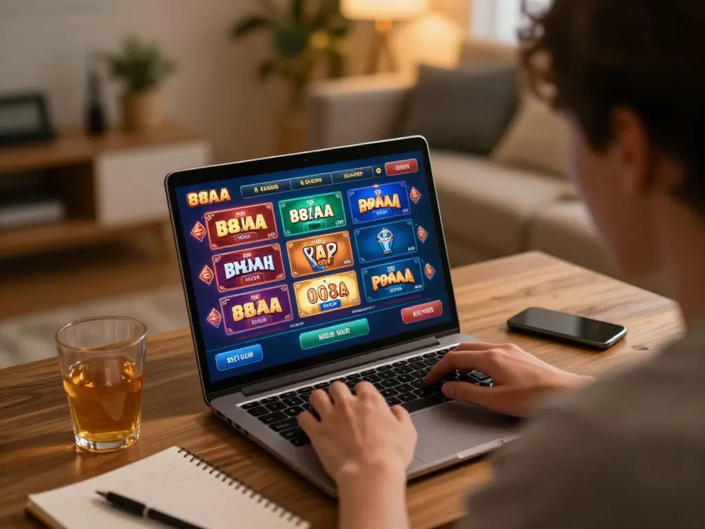 Engaging in online betting on 88aa com while using a laptop and notebook for strategy.