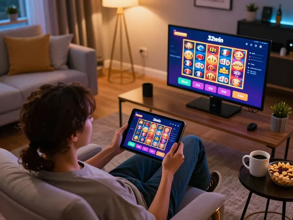 Player engaging with the 32win casino app on tablet in a cozy home setting.