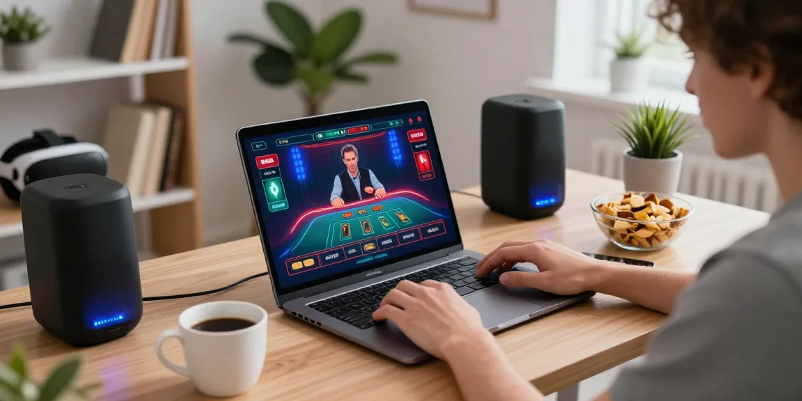 Engaged player exploring 88m casino games in a modern home office.