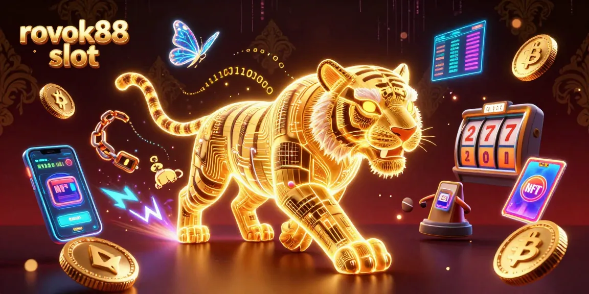 Engage with rokok88 slot through a vibrant 3D casino landscape featuring a glowing golden tiger and butterfly companions.