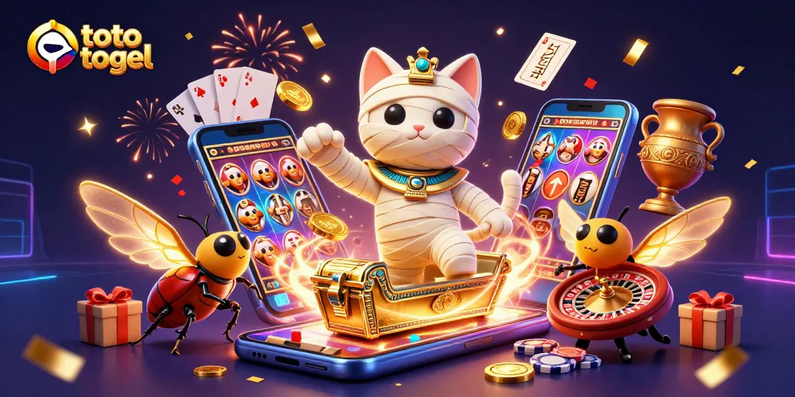 Toto togel players engaging with a 3D Egyptian mummy cat in a pyramid casino filled with exciting games and winning opportunities.