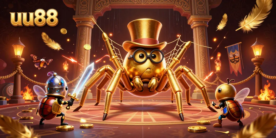 uu88 showcases an exciting scene with a golden tarantula and beetle knight in a casino setting.