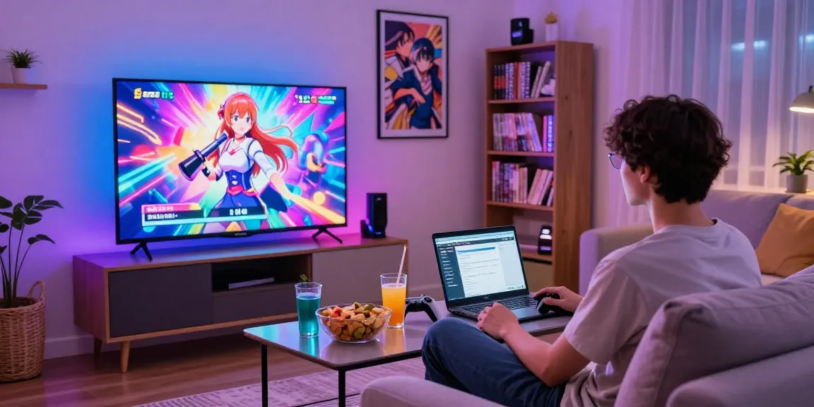 Engaging in a thrilling hentai game in a cozy living room filled with snacks and gaming gear.