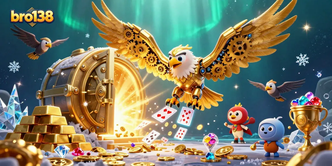 Engage with the bro138 experience, featuring a cybernetic golden eagle amidst thrilling casino elements.