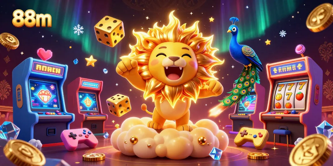 Experience exciting gameplay with 88m's vibrant casino elements featuring lively characters and slot machines.