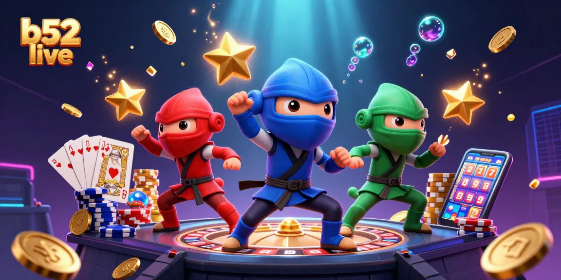 Engage in b52 live gaming with a trio of animated chameleons amidst a vibrant casino scene.
