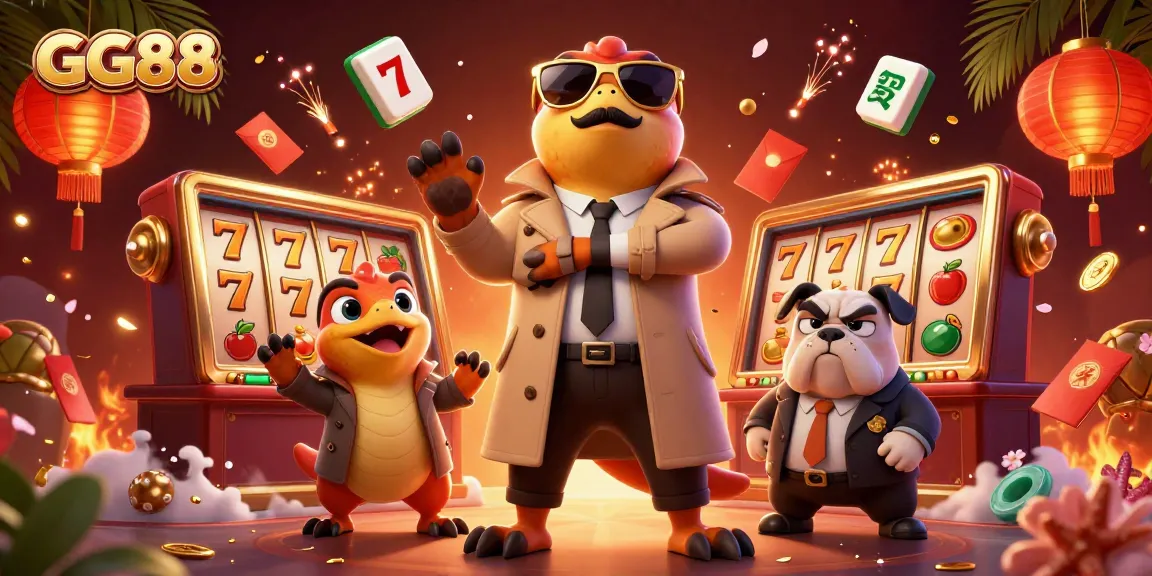 Experience GG88's vibrant casino atmosphere with cartoon raptors and slot elements in action.