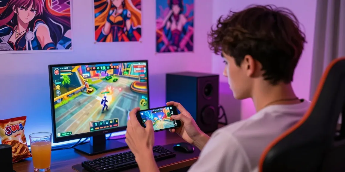 Engaged player enjoying a mobile hentai game in a cozy gaming nook, vibrant atmosphere with anime posters.