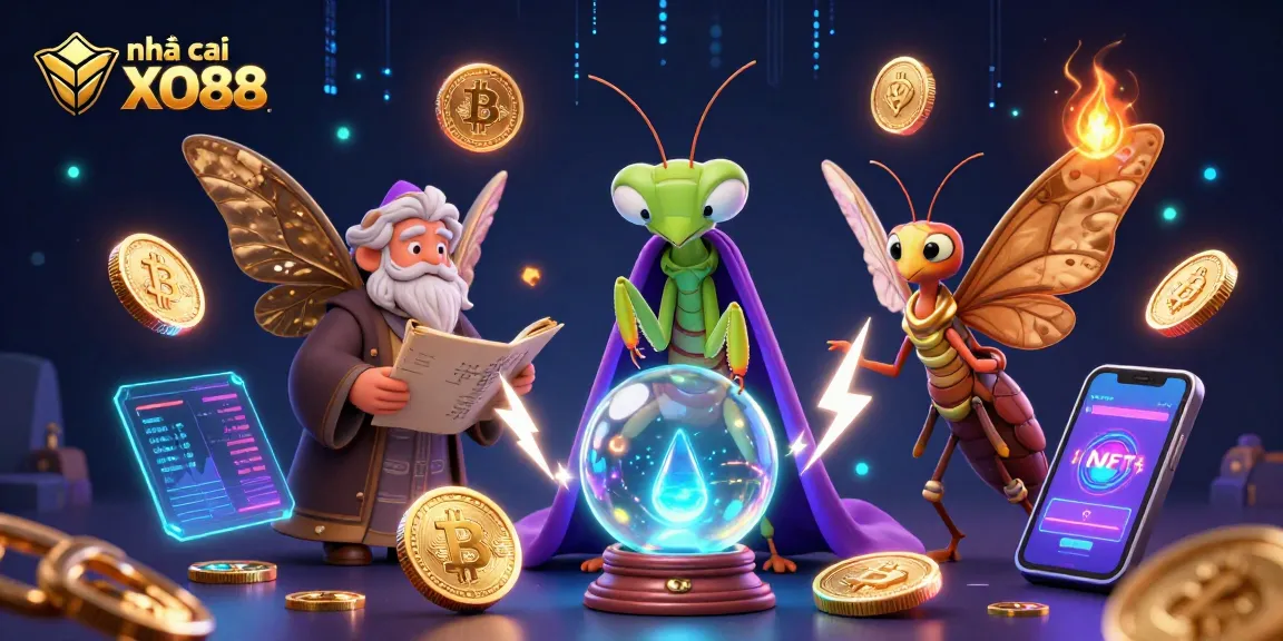 Engage with nhà cái XO88 for thrilling 3D casino experiences illustrated with vibrant characters and crypto elements.