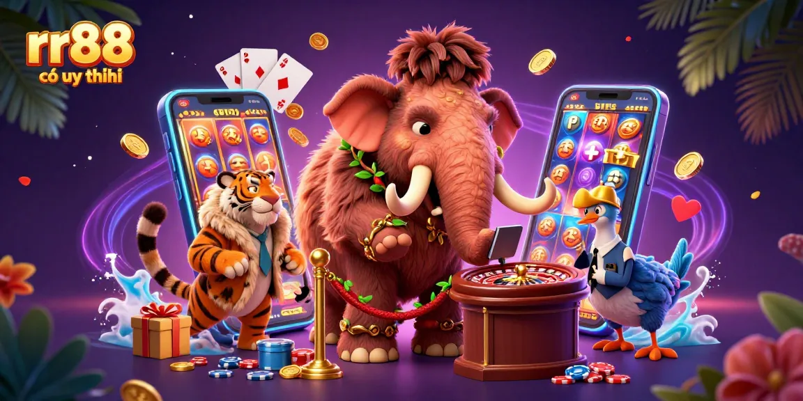 Explore the dynamic scene showcasing rr88 có uy tín with casino bouncers, game elements, and vibrant characters.