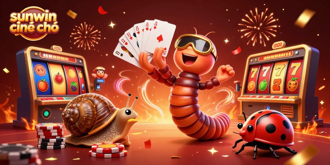 Experience exhilarating gameplay with sunwin chính chủ as a cartoon millipede dealer showcases vibrant slot reels in a festive atmosphere.