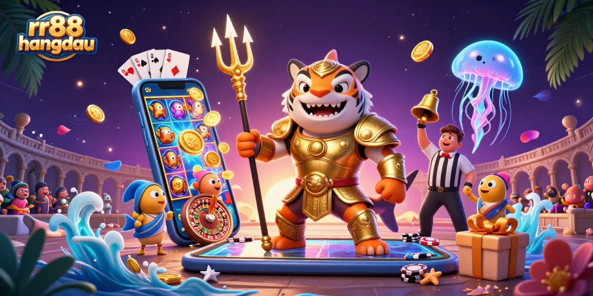 Engage with rr88hangdau's dynamic gaming scene featuring a fierce gladiator shark amidst colorful casino games.