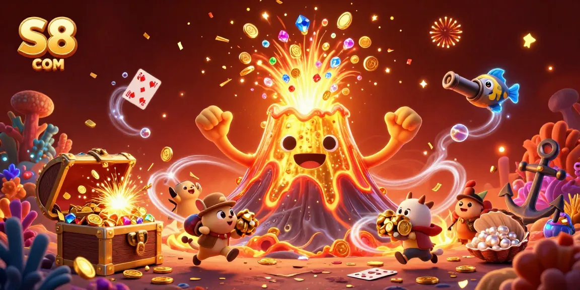 Experience the thrilling world of S8 COM with an explosive golden volcano and treasure-filled underwater scene.