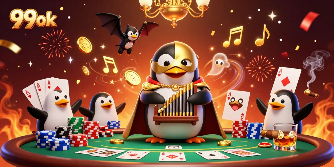 Engage in thrilling gameplay at 99ok with a vibrant casino scene featuring a penguin pianist and golden coins.