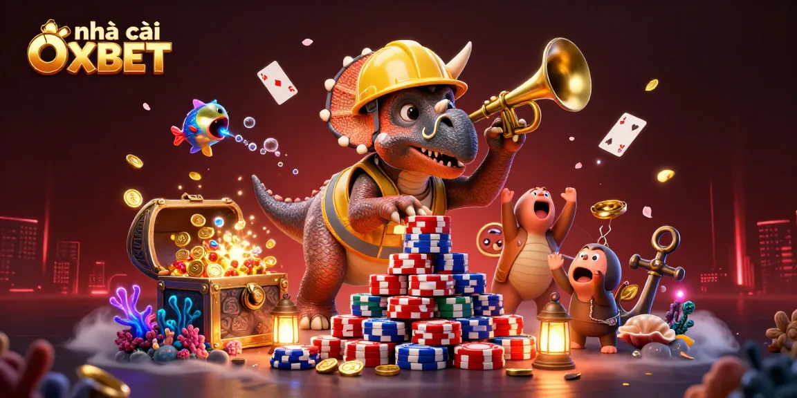 Engage with nhà cái OXBET's vibrant gaming experience showcasing a fun cartoon scene filled with casino themes.