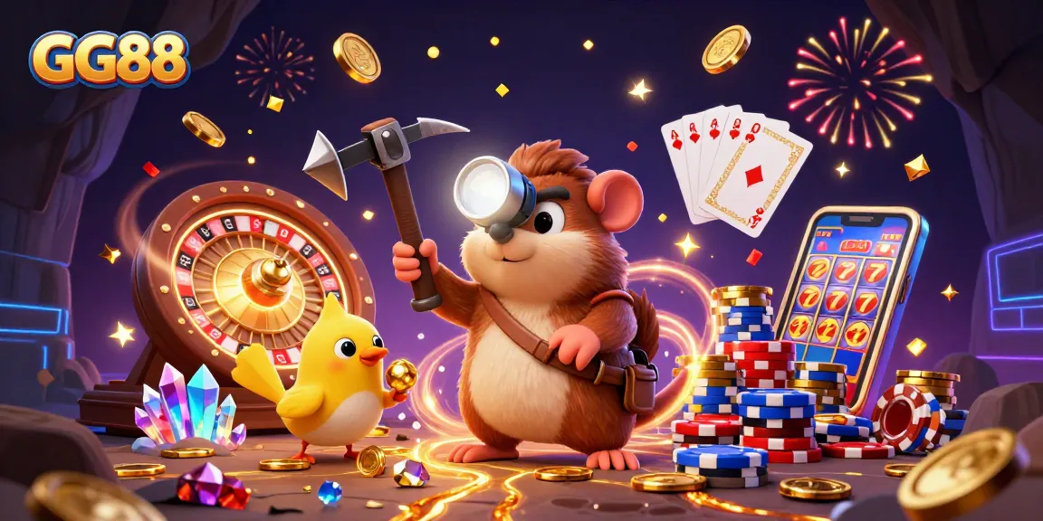 Experience the excitement of GG88 casino with vibrant treasures, spinning roulette, and festive celebrations.