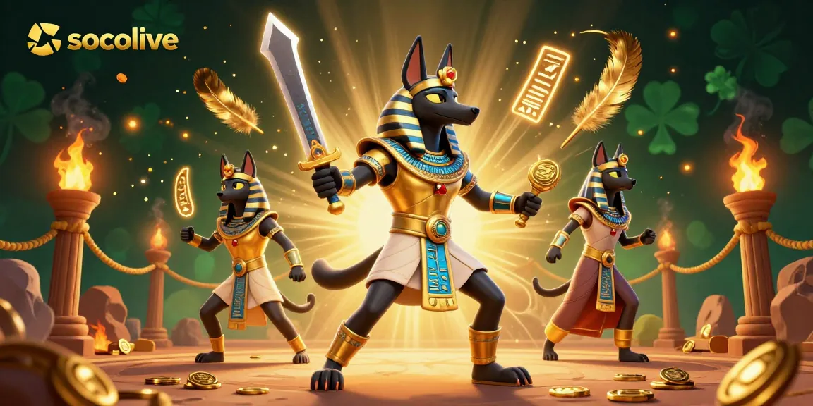Engage with socolive's thrilling gameplay featuring Anubis and Bastet amid a vibrant ancient scene.