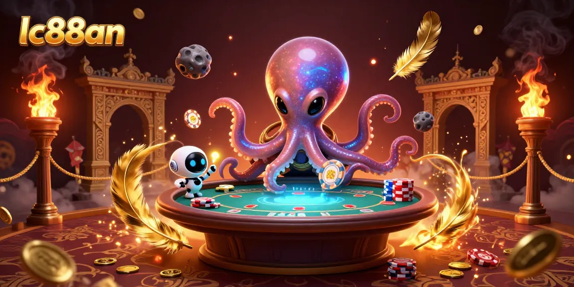 Experience thrilling poker action at lc88an with an alien octopus at a holographic table surrounded by casino elements.