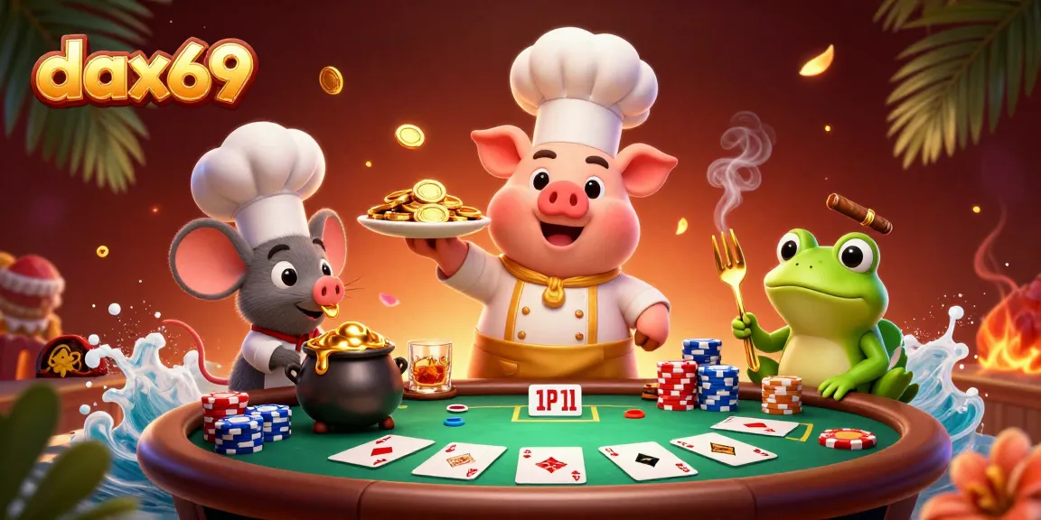 Mengulik pengalaman bermain dax69 dengan chef pig yang melayani koin emas di meja poker, lingkungan kasino.