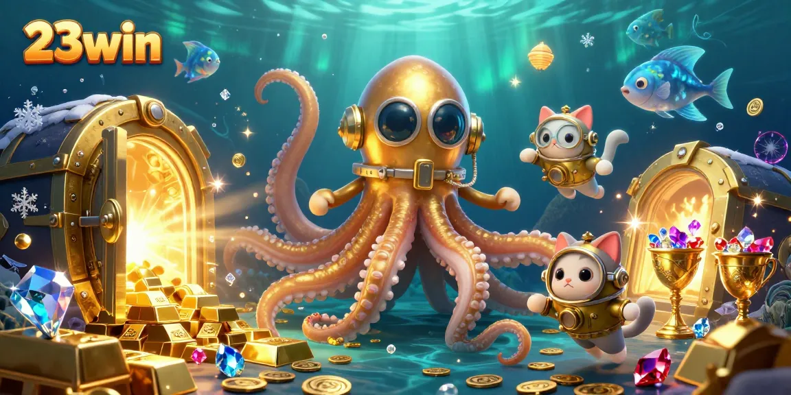 Experience 23win's thrilling underwater adventure featuring a mythical kraken, treasure, and a diving cat.