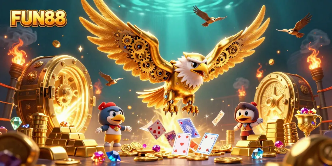 Experience the thrill of FUN88 as the golden eagle soars through a vibrant casino scene.