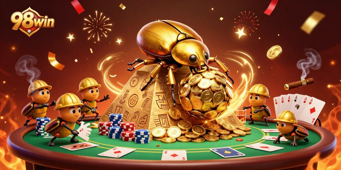 Win big with 98win at the vibrant casino scene featuring golden beetles and poker elements.