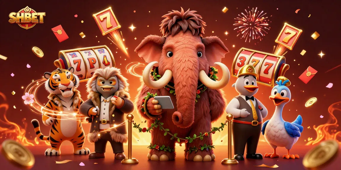 Experience SHBET's vibrant casino atmosphere with 3D characters, slots, and fireworks.