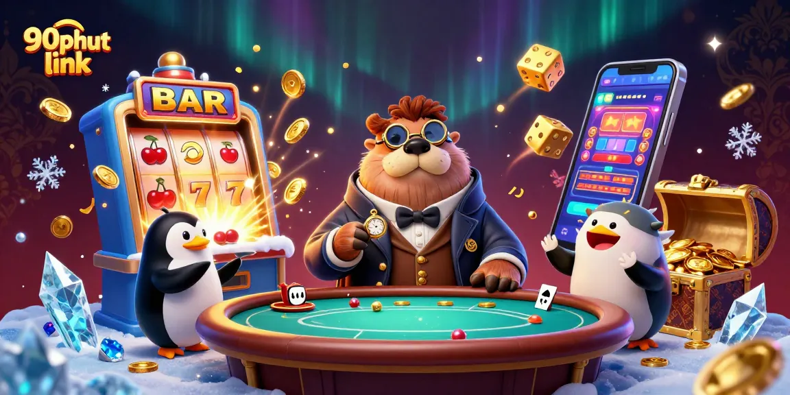 Experience the excitement of 90phut link as the jolly walrus plays poker underwater surrounded by vibrant casino elements.