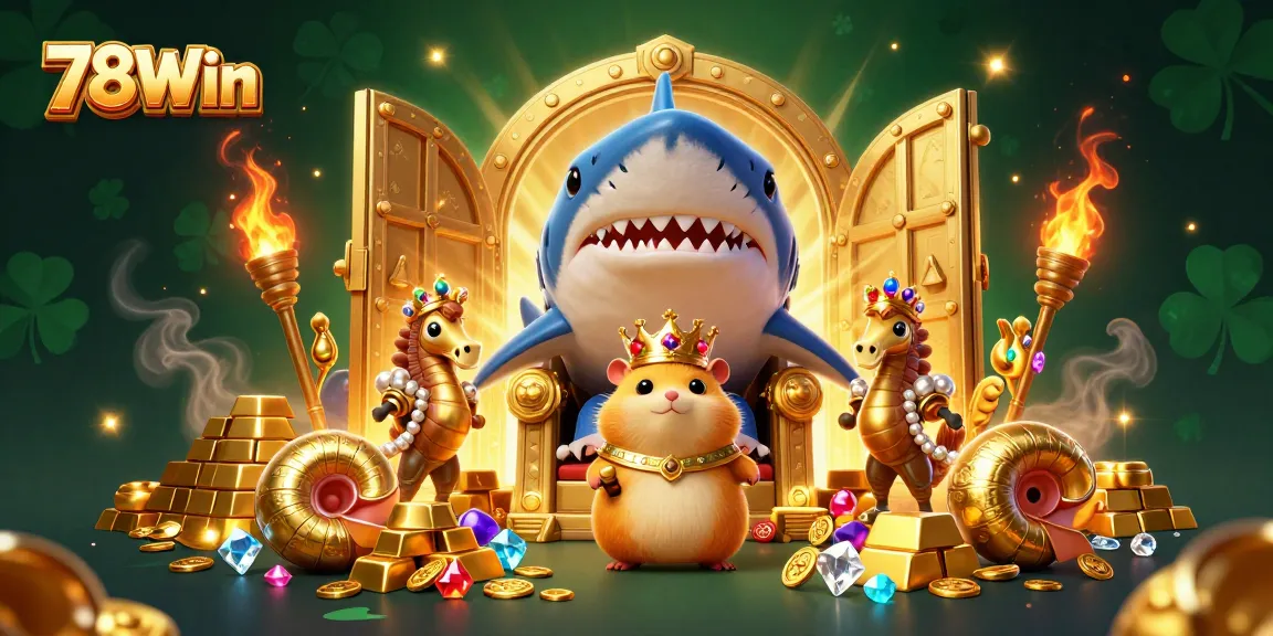 Experience thrilling wins at 78Win with an enchanting 3D casino scene featuring playful characters and treasure.