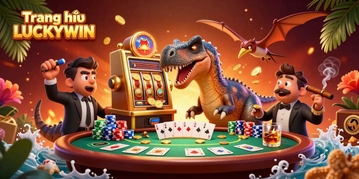 Experience an exhilarating scene at Trang chủ LUCKYWIN with dynamic casino characters, exciting gambling action, and vibrant elements.
