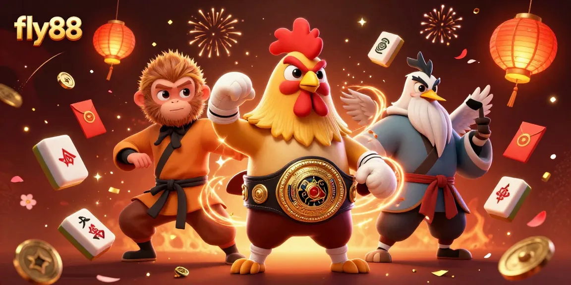 Join the action at fly88 with a dynamic scene featuring fighting characters, golden elements, and festive decorations.
