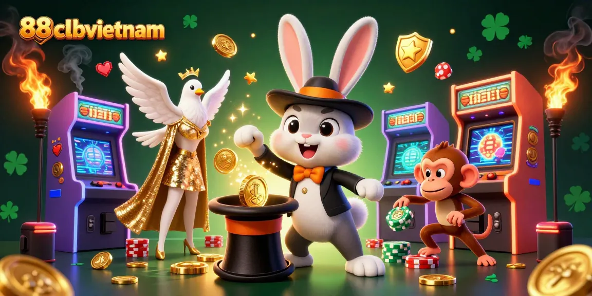 Experience excitement at 88clbvietnam with a magician rabbit revealing golden coins and poker chips.