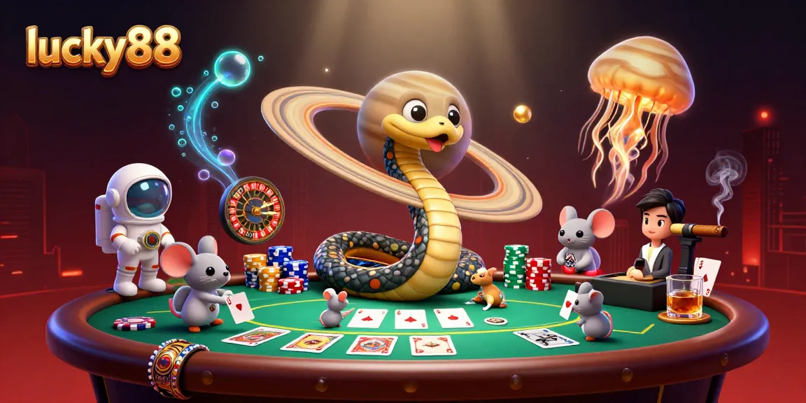 Engage with lucky88's thrilling cosmic casino scene featuring a roulette ring and astronauts betting.