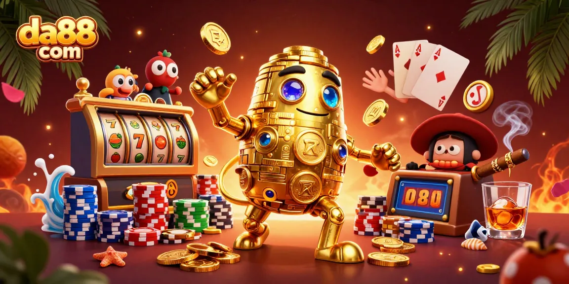 Engage with da88 com by enjoying vibrant slot reels and casino gaming in this dynamic illustration.