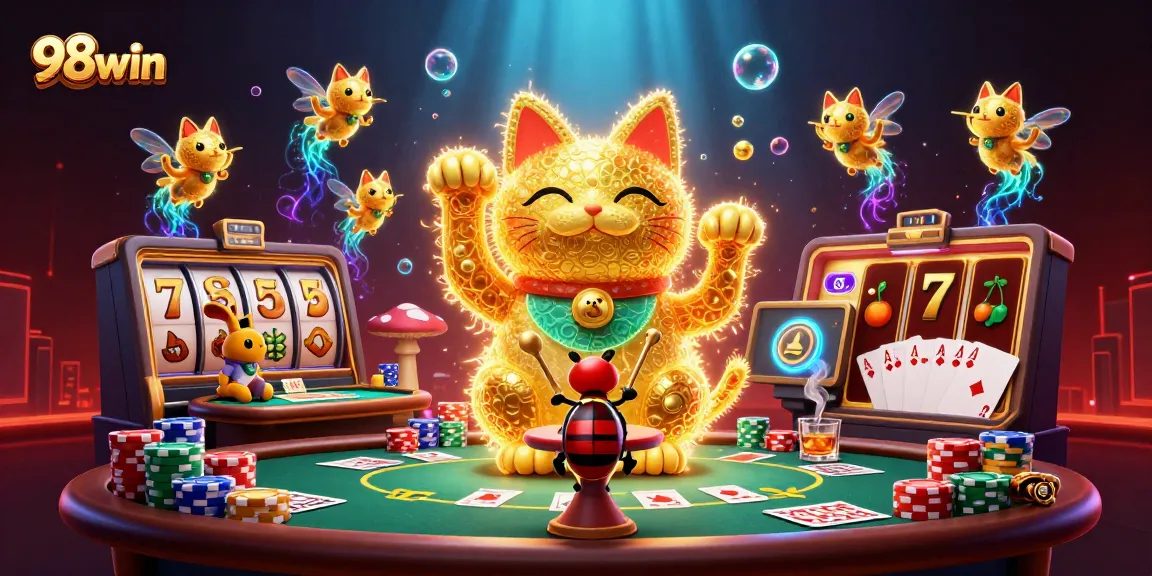 Engage with 98win's dynamic gaming scene featuring a lucky cat and thrilling casino symbols.