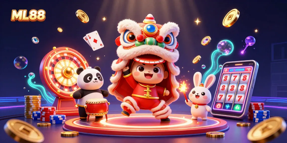 Celebrate the fun of ML88 with a lion dance surrounded by colorful casino elements.